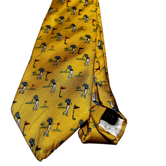 Brooks brothers Neck Tie Makers Yellow Golfers print Silk USA Vintage Golf - Picture 1 of 5
